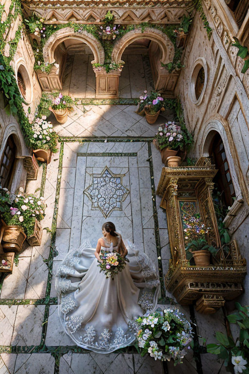 Highly detailed landscape city ivory tower stone arch with flowers