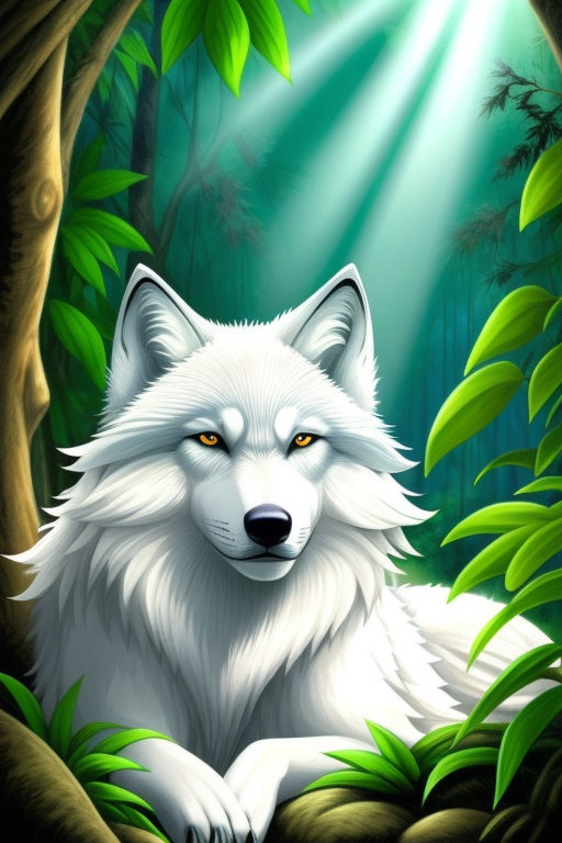 anime white wolf with green eyes