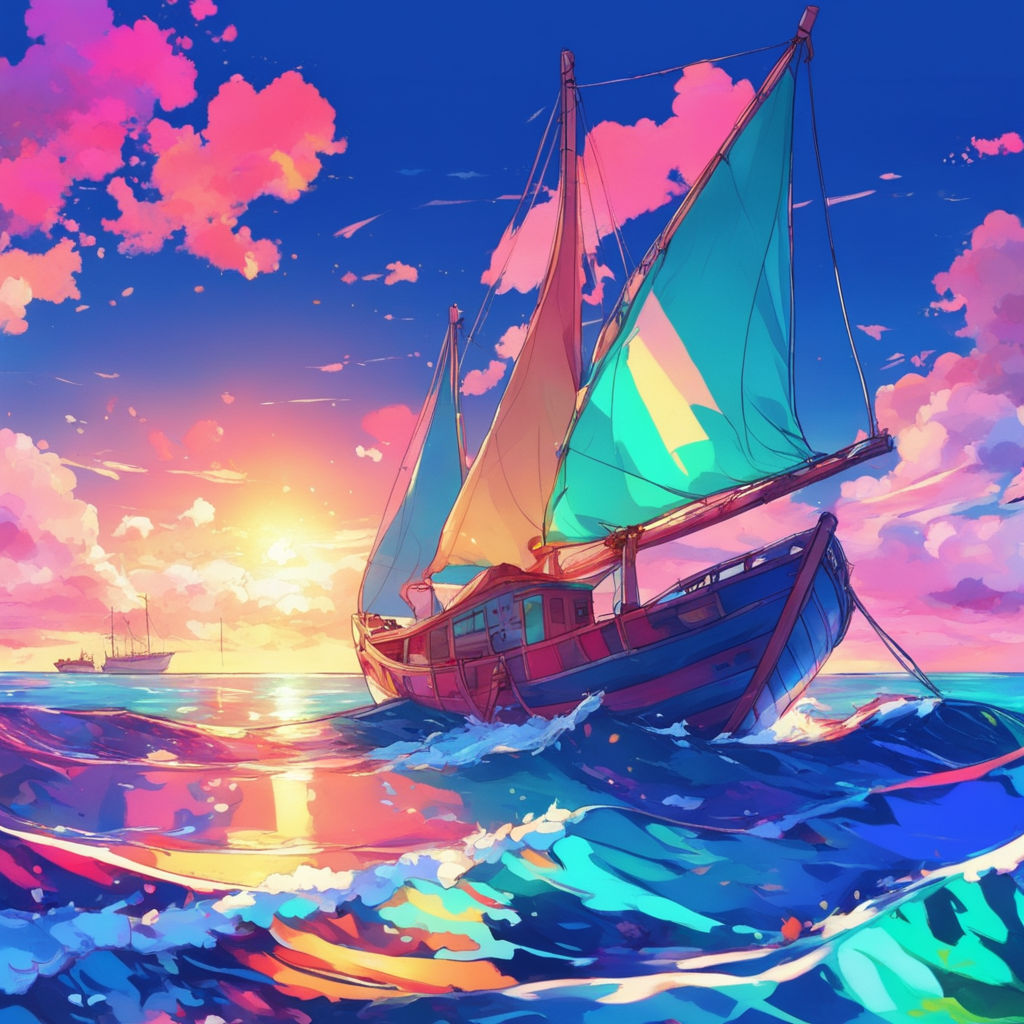 KREA - one piece ship sailing, dynamic sky, sun sunset, with blue light  piercing through clouds, makoto shinkai, royal blue colors, lighting  refraction, volumetric lighting, pixiv art, highly detailed, anime art,  symmetrical,