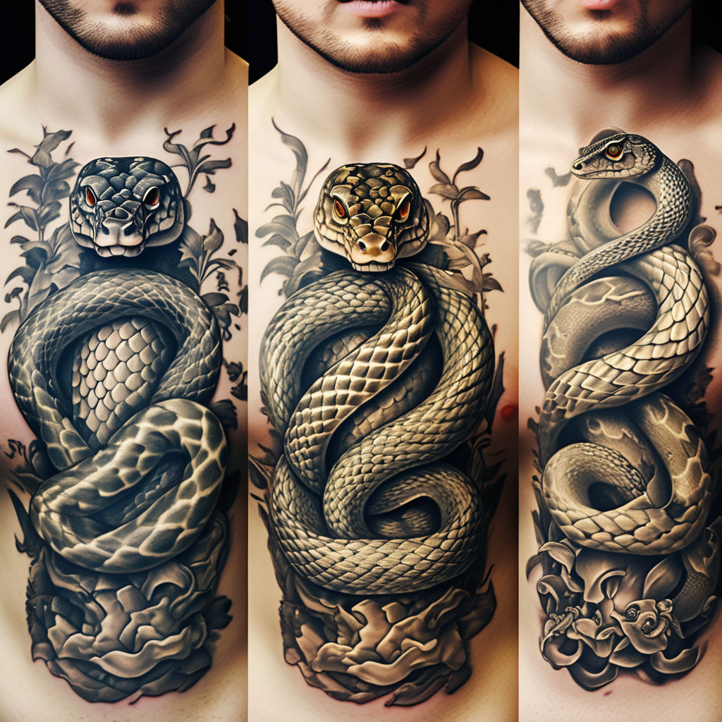 Snake tattoo on the left arm and chest. Cover work.