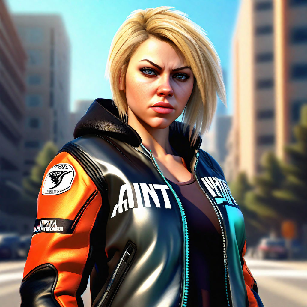 A beautiful female brunette wearing a patchwork hoodie and tight leather  trousers in a Grand Theft Auto 5 style. - Playground