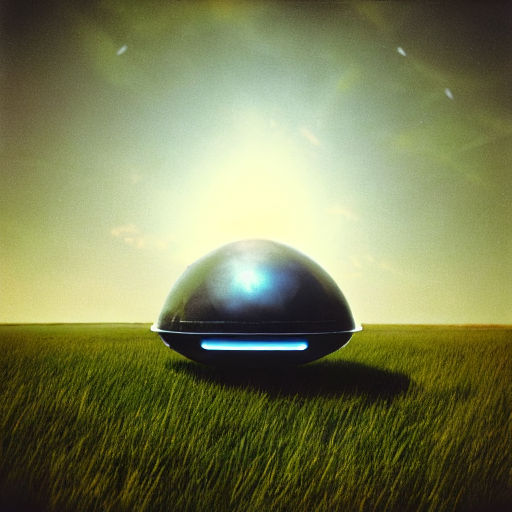 Prompt: A vintage Polaroid photo of an alien UFO parked in the grass, natural lighting, path traced, highly detailed, high quality, high resolution, 4k resolution, by Greg Rutkowski, trending on artstation, masterpiece, hyperrealistic, octane render