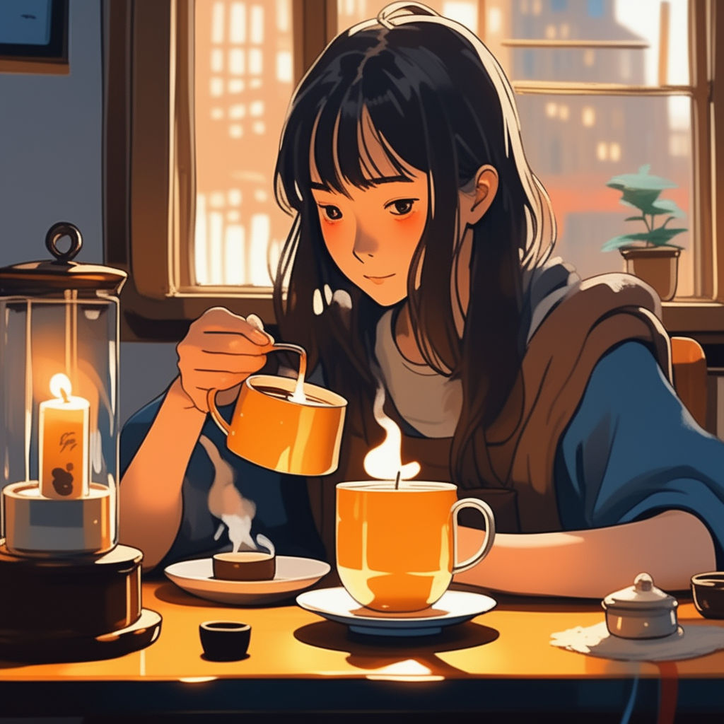 Wolf Girl VYuber Model Sipping Coffee at Red Square | AI Image Generator