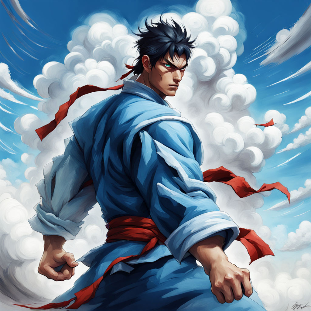 Premium Free ai Images  ryu street fighter character detailed portrait  fight blood scream blue energy blast full body background old style japan  house fire