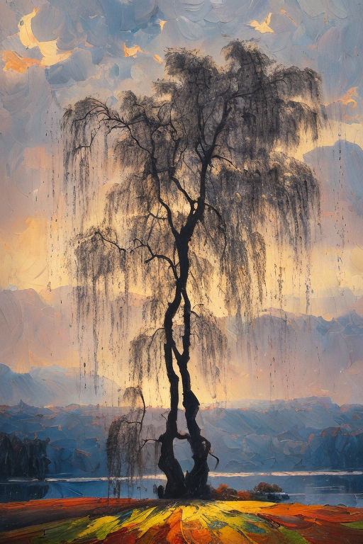 A weeping willow tree by the lake avec couché de soleil on Craiyon