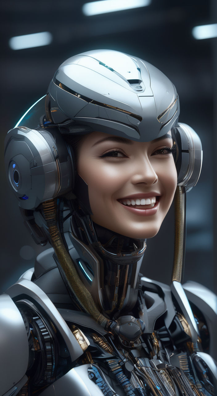 Beautiful woman and AI robot look at each other. Concept of human
