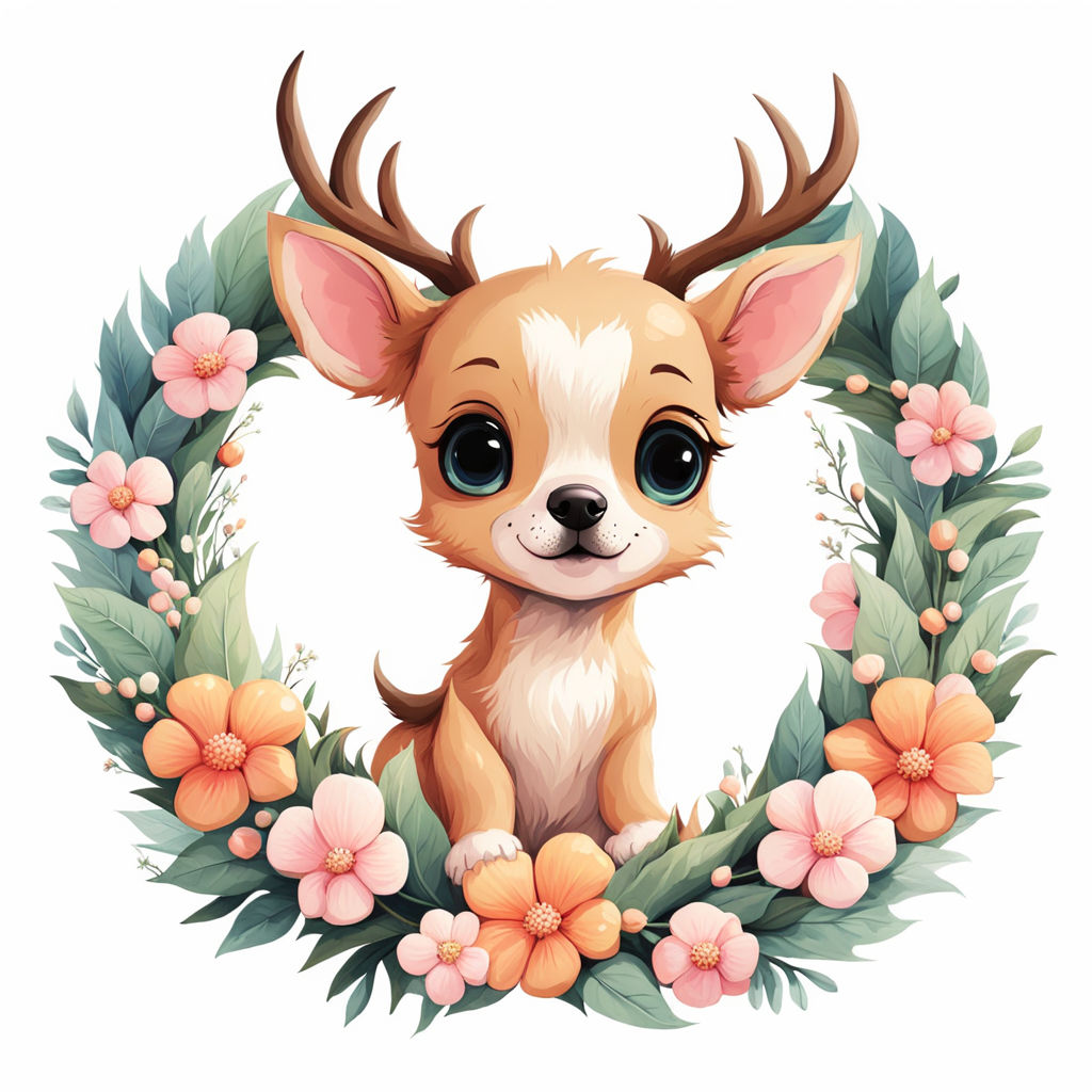 Cute Kawaii Fox Sticker. Happy Little Fox Wearing Deer Horns on