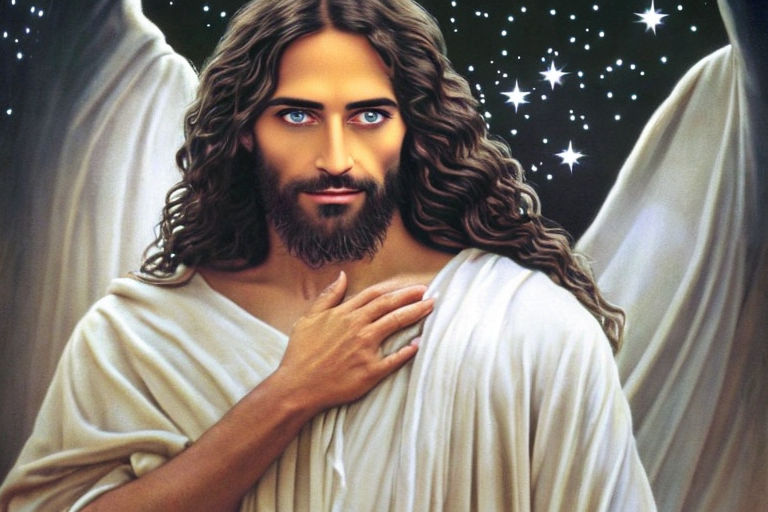 Prompt: Jesus, male, man, dreamy, long hair, beautiful eyes, beautiful mouth, black curly long hair, nice body, open eyes, long lashes, stars, happy, smiling, beautiful, man, men, no hand, arms wide spread, Jesus Christ, handsome, sexy, naked, longer hair, , sf, intricate artwork masterpiece, ominous, matte painting movie poster, golden ratio, trending on cgsociety, intricate, epic, trending on artstation, by artgerm, h. r. giger and beksinski, highly detailed, vibrant, production cinematic character render, ultra high quality model