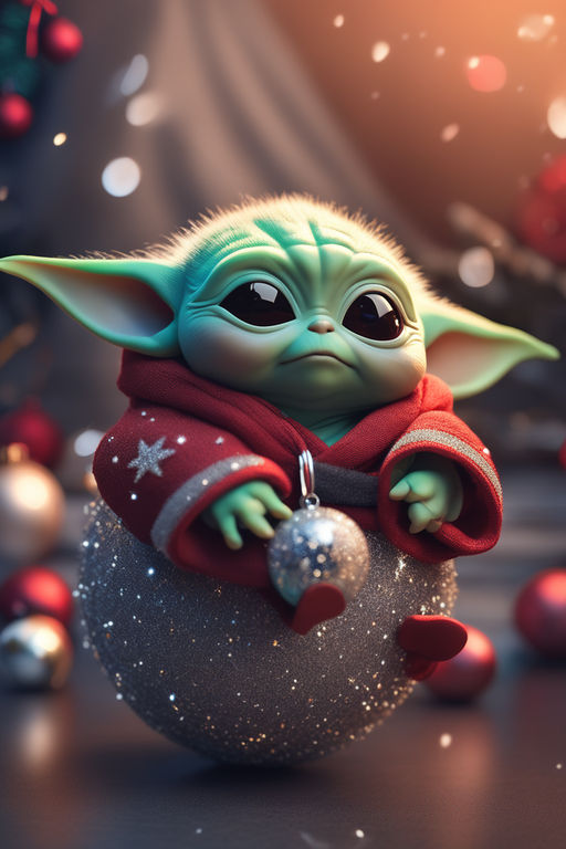 Cute and Adorable Baby Yoda Big Eyes Santa Hat Christmas Cartoon