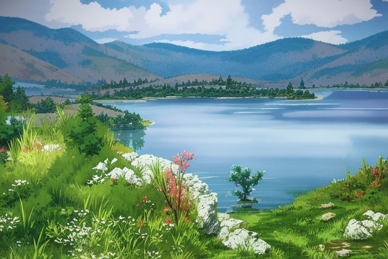 Anime painting of a lake and mountain landscape, | Stable Diffusion |  OpenArt
