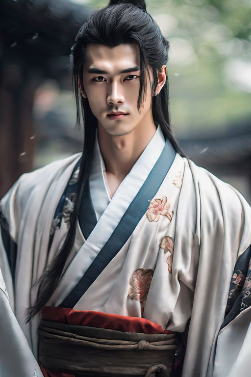 Lan xichen wearing a white hanfu, bright eyes, clear forehead