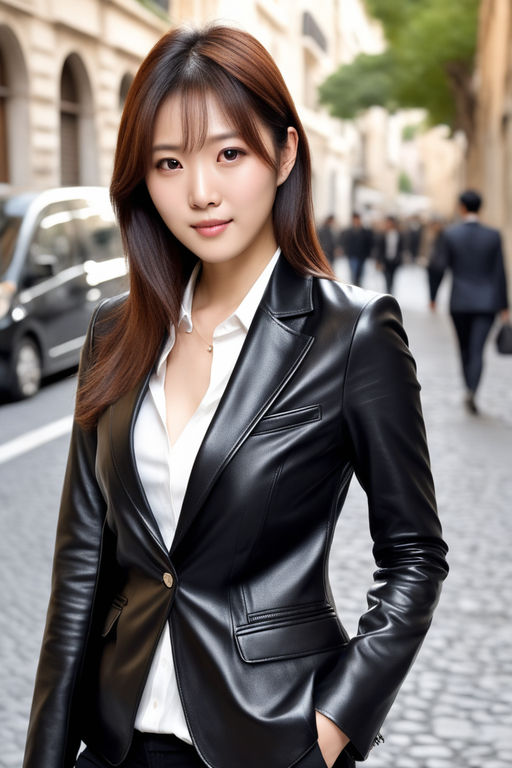 Beautiful young asian girl in a black leather winter trench coat -  Playground