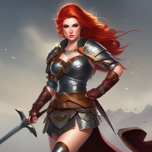 Medieval fantasy illustration of a strong woman in armor with waraxe on  Craiyon