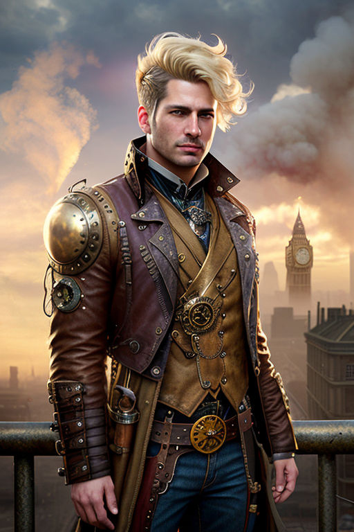 Handsome Male Steam Punk Retro Man In Uniform Portrait Over Grunge