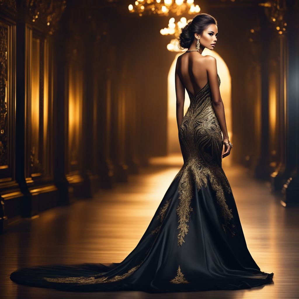 Premium Photo | Beautiful dark skin woman in golden dress in gold room