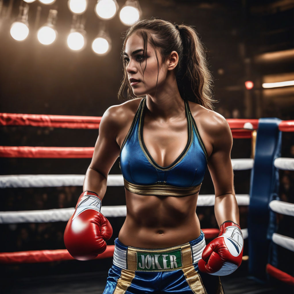 Young Female Boxer in Boxing Ring with Sports Bra