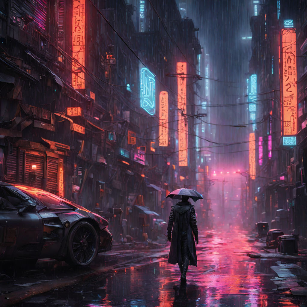 a cyberpunk street scene with neon lights, raining, 4k, Stable Diffusion