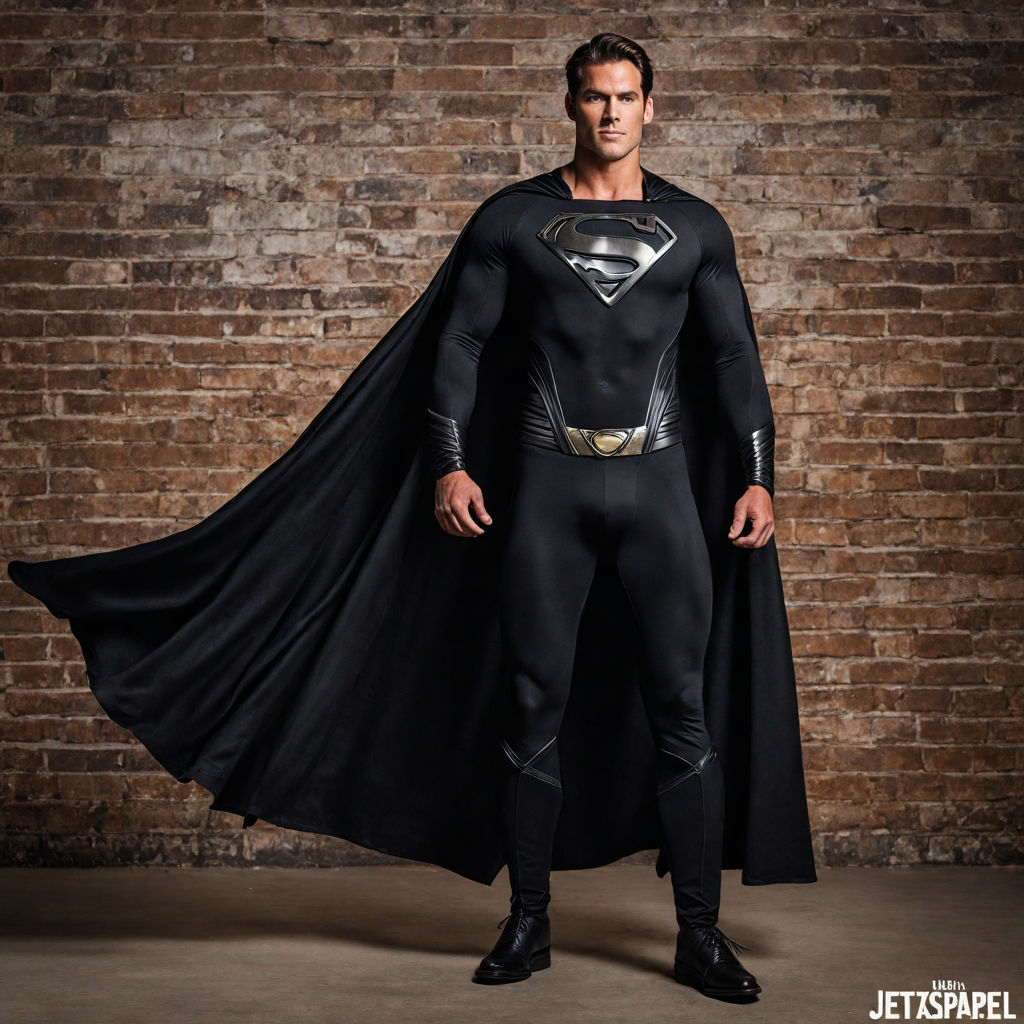 Superman dressed in jet-black spandex suit and latex cape