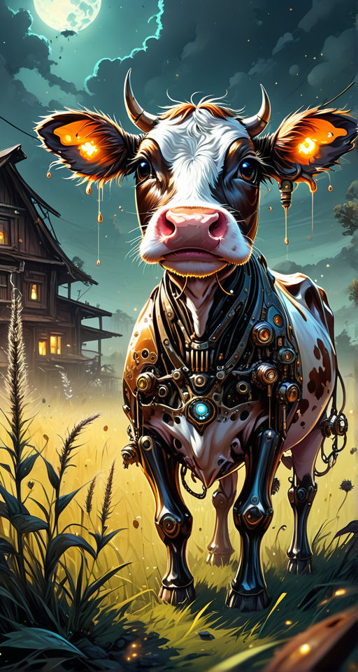 Prompt: cuteness overload, 2d, flat, splatter ink, liquid ink, paint dripping, sci-fi, futuristic, fairytale, biomechanical glass rusty  steampunk metal   transparent cute happy  cyborg cow rye field, farm house, biomechanical glass cyborg parts, glowing eyes, fragility, dynamic pose, intricated, filigree, glowing eyes, sunbeams, Craola, Dan Mumford, Andy Kehoe, otherworldly, cute creepy, celestial, complex background, spring sunset, cute, adorable, ultra highly detailed, cinematic, masterpiece, art on a cracked paper, vintage, patchwork