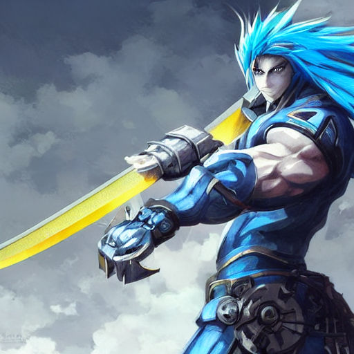 anime guy with blue hair and sword