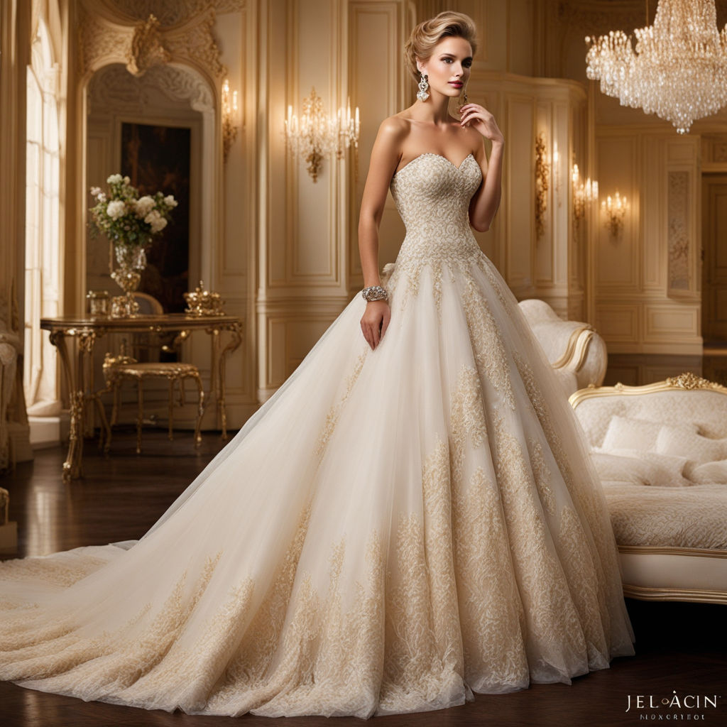 V Neckline Half Sleeve Cream Lace & Tulle Wedding Gown - VQ