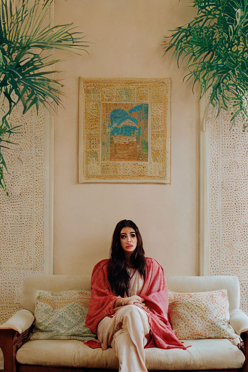 Woman wearing saree and heavy loafers sitting on sofa on Craiyon