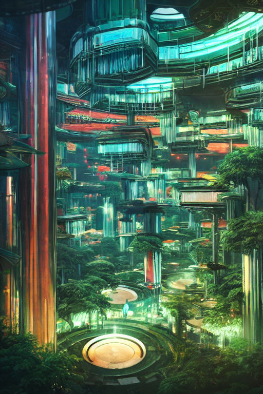 Sci-Fi, Futuristic Solarpunk ECO-City, Detailed, Hanging Gardens