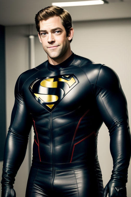 Superman dressed in jet-black spandex suit and latex cape