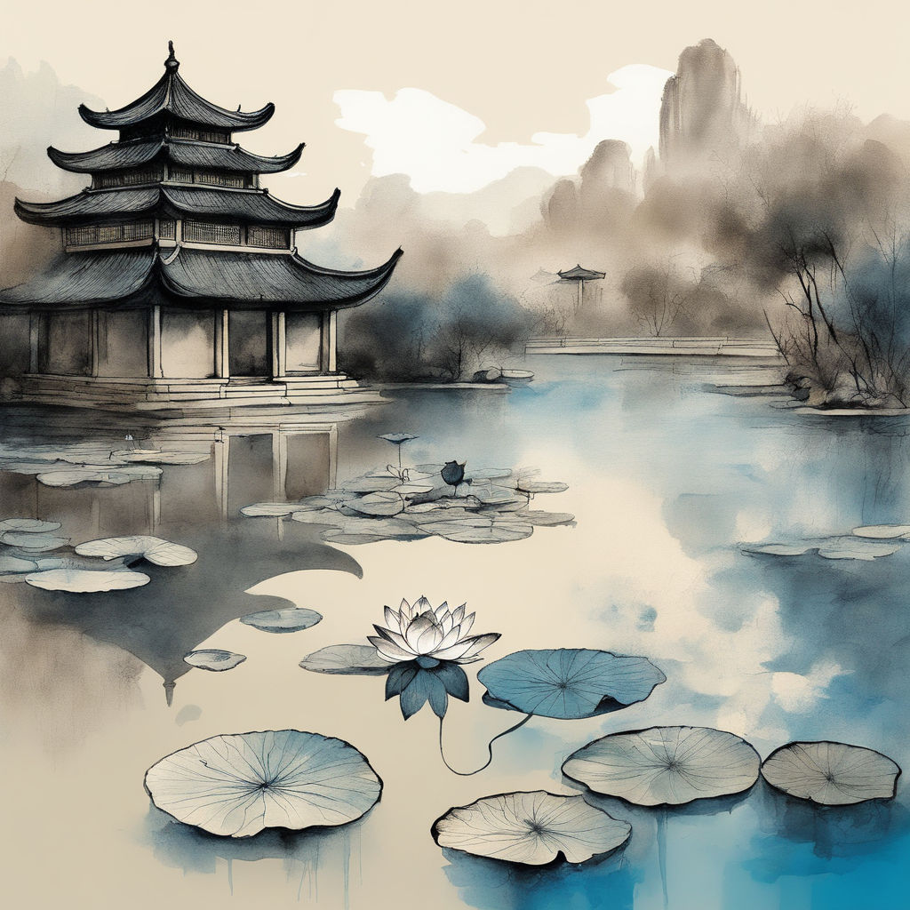 Traditional chinese ink painting with blue and black colors