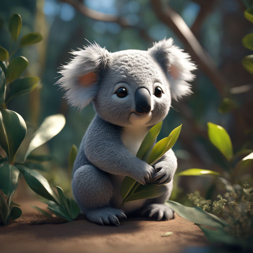 koala eats eucalyptus. fluffy koala fur and expressive eyes create a  touching image. Forest detailed background. 32K - Playground