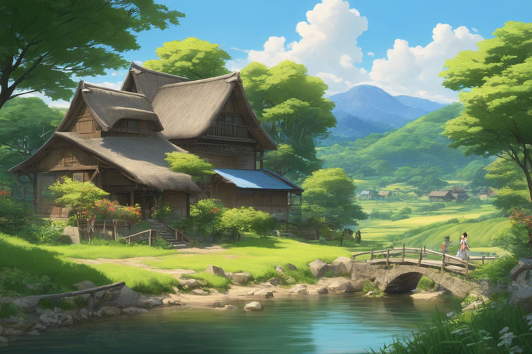 Premium Photo  Anime scenery of a mountain village with a pagoda and a  mountain in the background generative ai