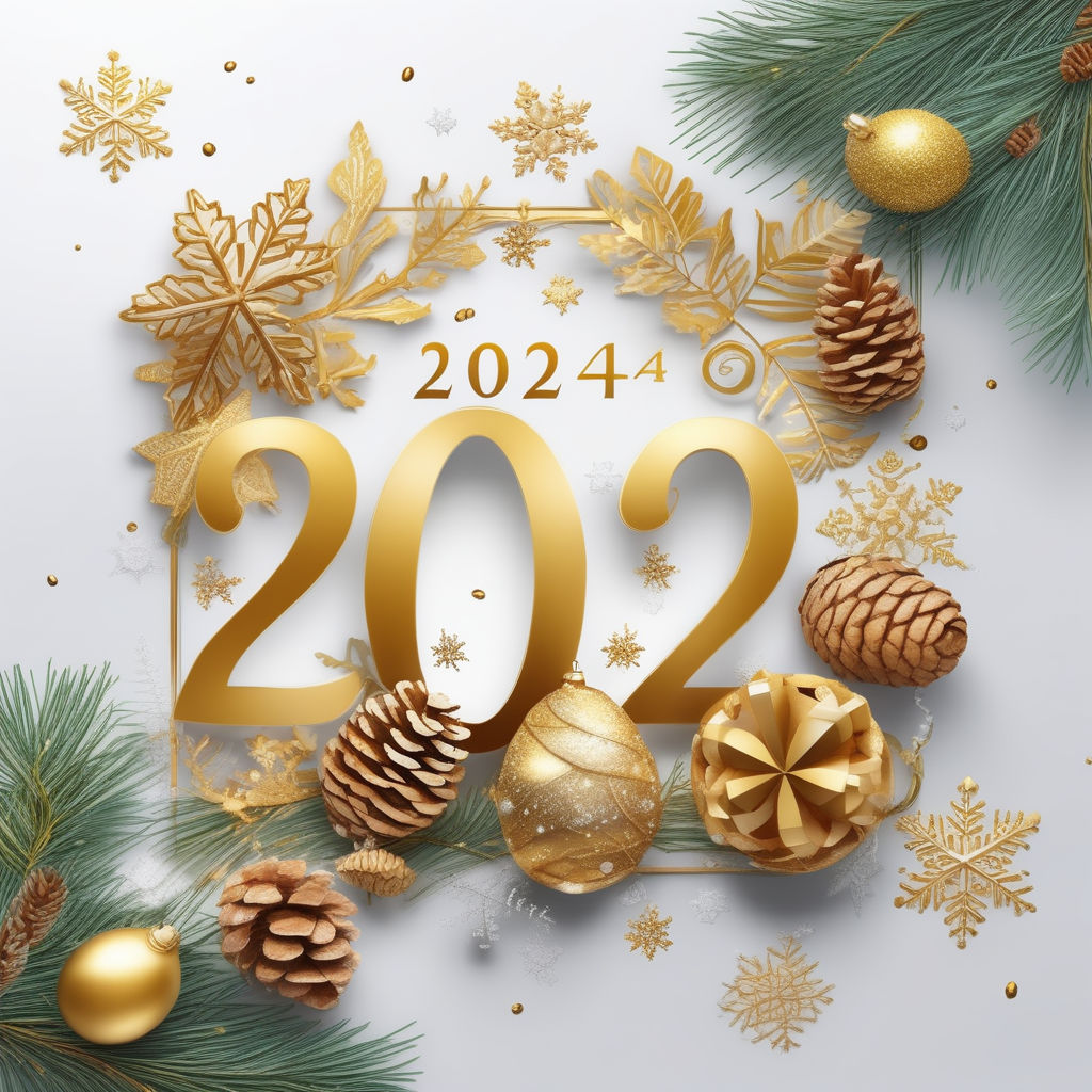 Happy New Year 2024. Golden digits 2024 with glitter and xmas decorations  nearby. Holiday Party Decoration…