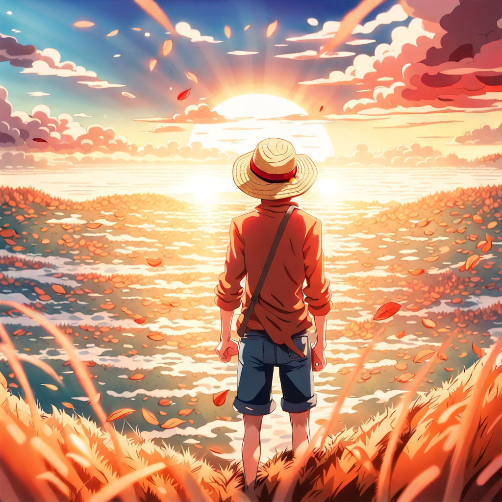 An anime-inspired artwork of one piece characters at sundown