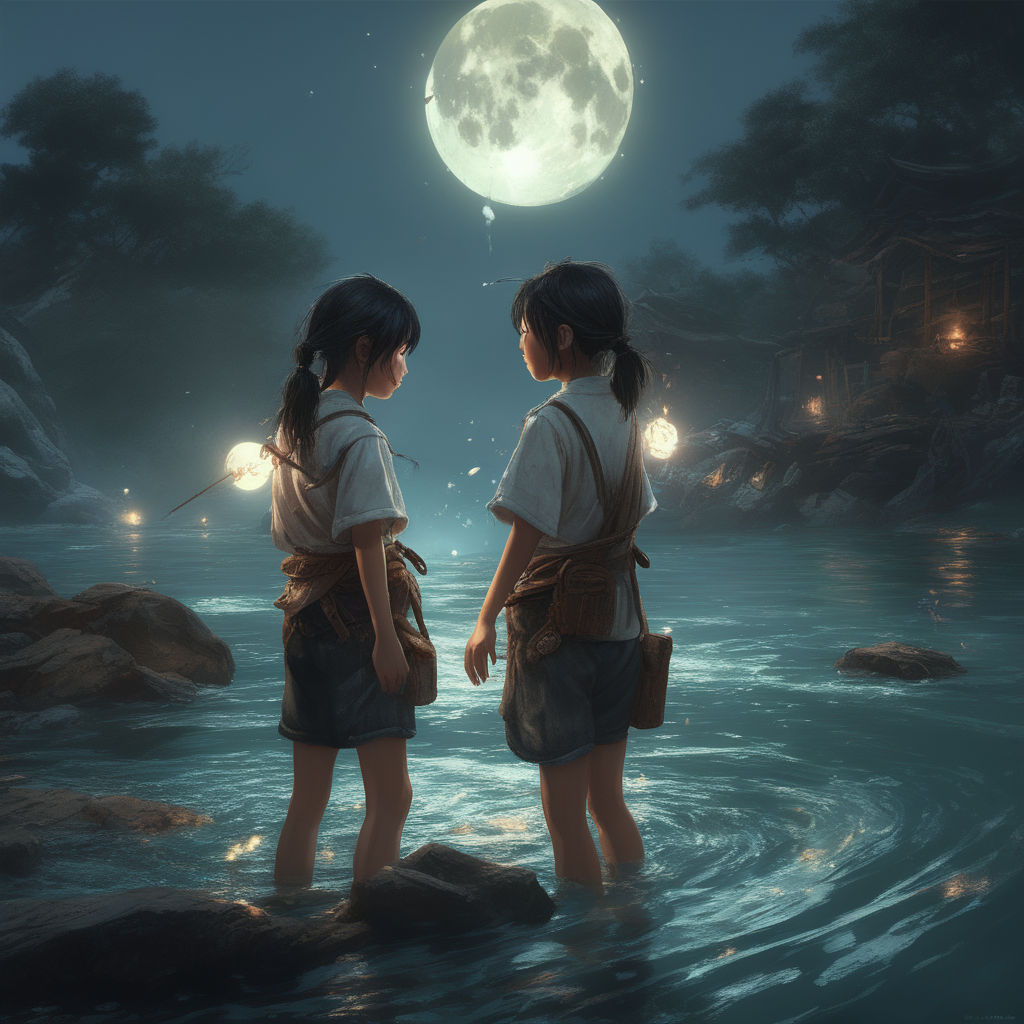 anime girl in water with the moonlight