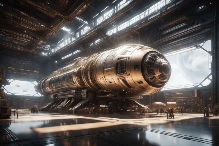 Interior of a dark space hangar with vessels parked, Stable Diffusion