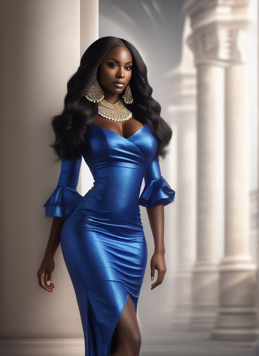 Create a photo of an African American curvy woman posing against a plain  background. She's wearing a shiny blue slip dress with a cinched -  Playground