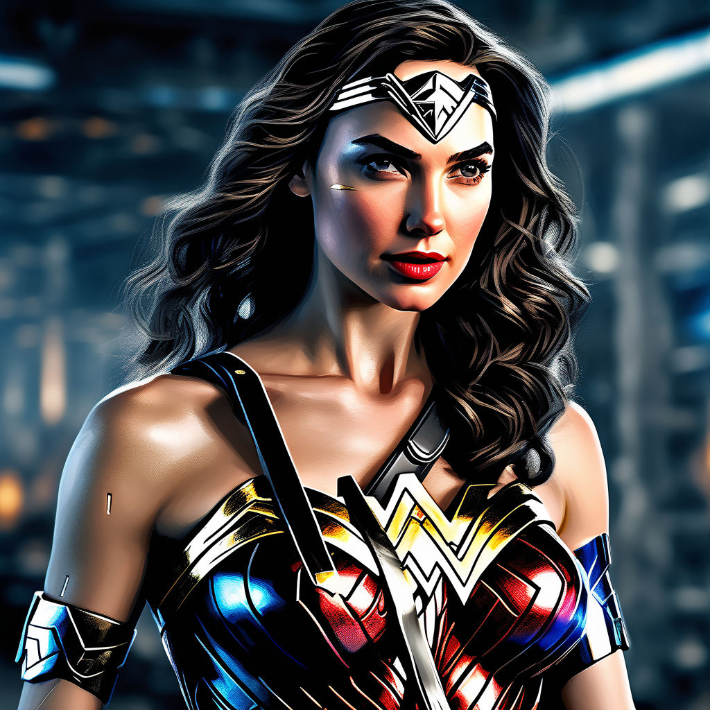 Prompt: futuristic cybernetic wonder woman (gal gadot), UHD photo realistic, beautiful eyes, full body, trending on artstation, sharp focus, studio photo, intricate details, highly detailed, by greg rutkowski