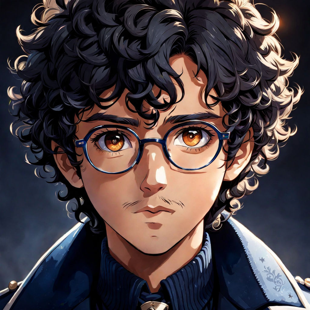 Anime boy character with black long fluffy wavy hair, wearing a blue hoodie  and glasses