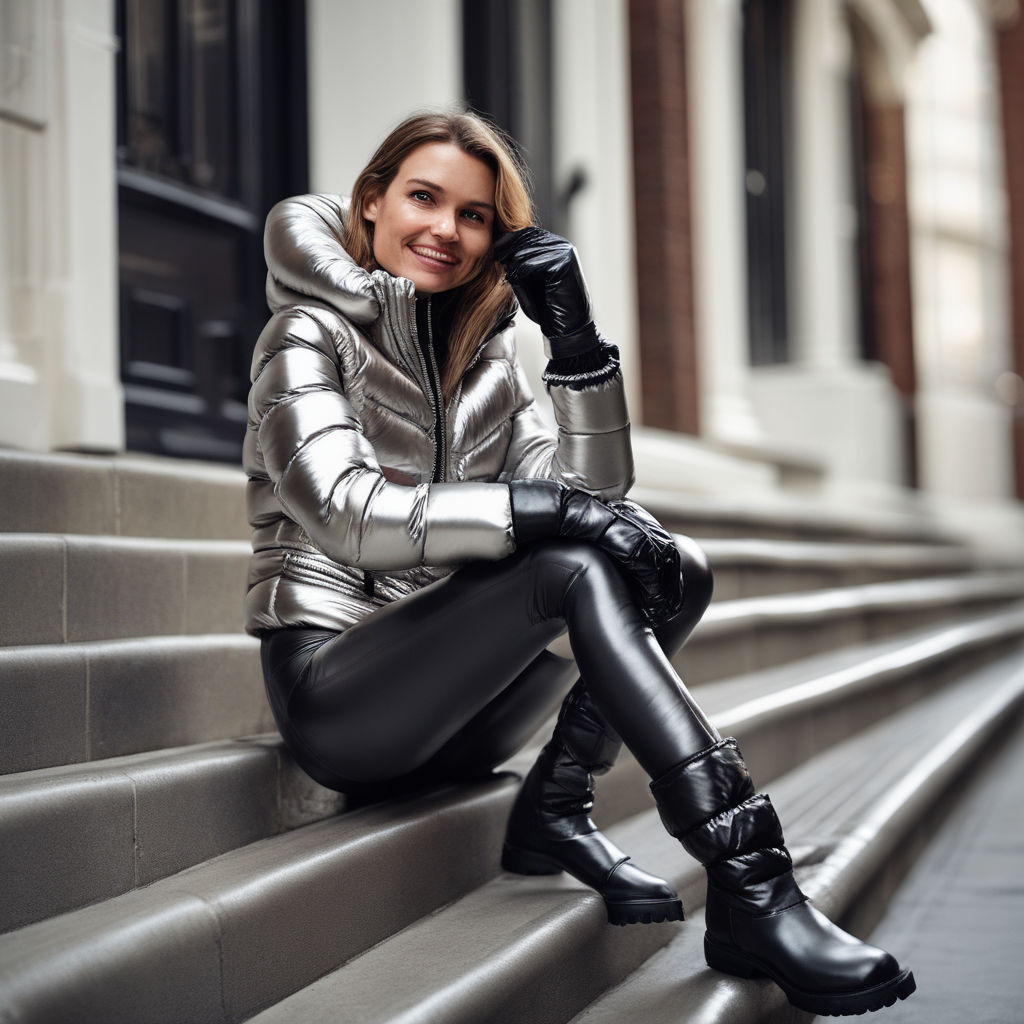 Full body image of Model wearing shiny leggings and leather boots -  Playground