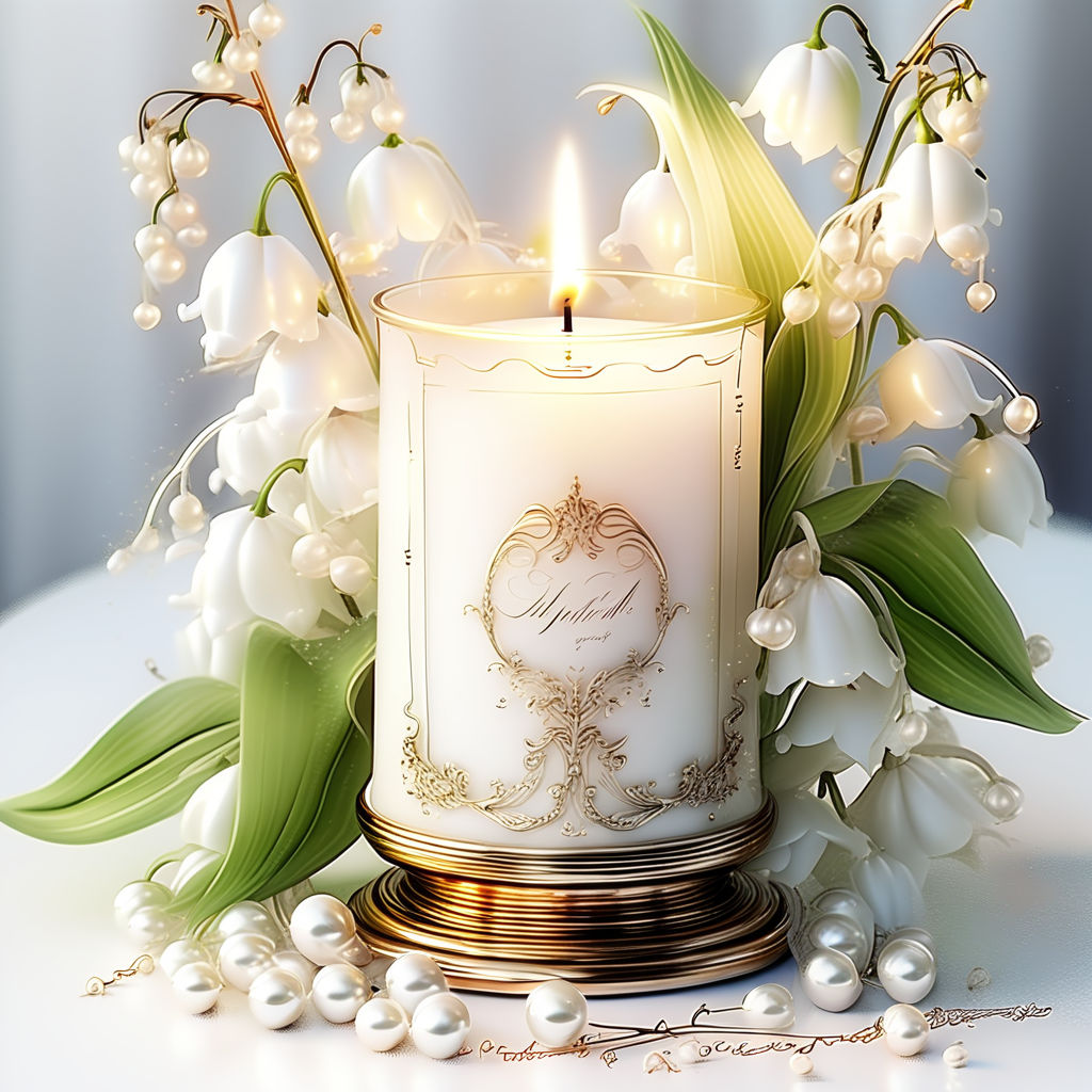 Prompt: fantasy watercolor, white background,  Victorian Vintage elegant luxurious candle, pearls, lily of the valley,  gentle tones, happiness, gouache wash, cinematic, calligraphic lines, dynamic light. , perfect composition, beautiful detailed intricate insanely detailed octane render trending on artstation, 8 k artistic photography, photorealistic concept art, soft natural volumetric cinematic perfect light, chiaroscuro, award - winning photograph, masterpiece, oil on canvas, raphael, caravaggio, greg rutkowski, beeple, beksinski, giger