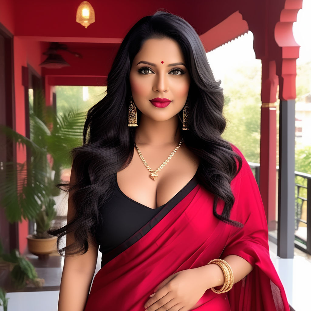 Sultry plus size well endowed full figured size 44 Bengali woman in  transparent red chiffon saree deep cuts sleeveless halter bustier wide deep  neck blouse size 44 in front of blackboard. - Playground