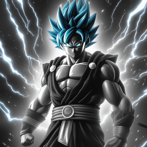 Ssj5 goku with silver hair and a glowing aura, high quality