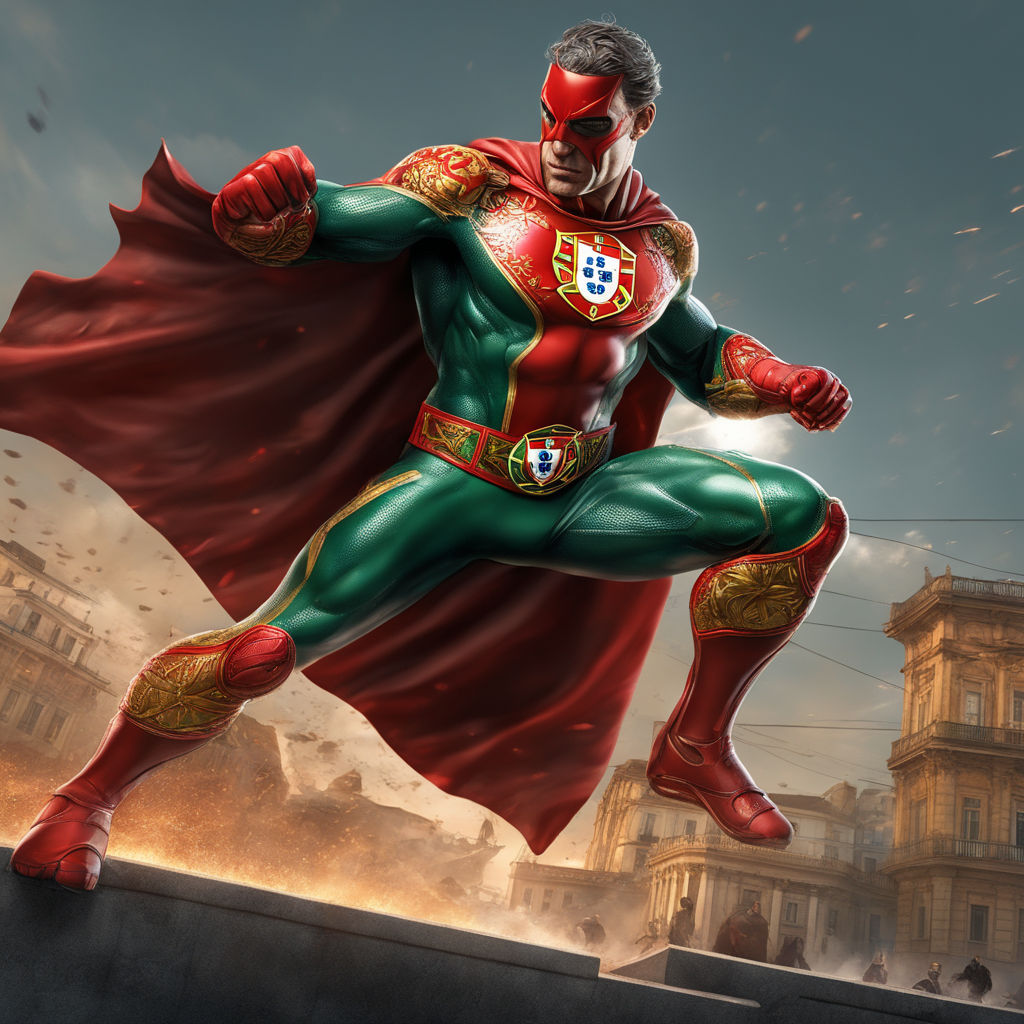 An highly detailed image of a Portuguese superhero dressed in a dark red  and dark green armor suit - Playground