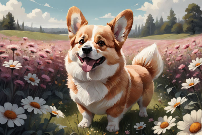 Concept art 2d corgi resting in a garden of the castle, large game  wallpaper, it takes two style, high quality