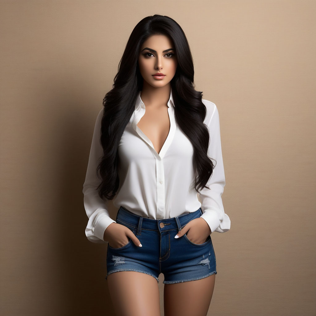 Photo of a sexy young woman wearing a blank white shirt and black