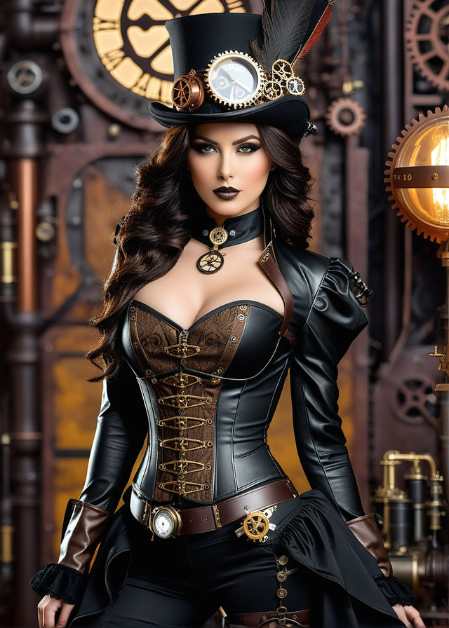 Elegant steampunk queen all in black leather - Playground