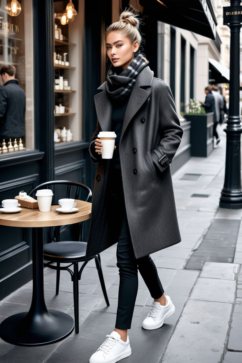 clad in a black wool coat and a gray scarf - Playground