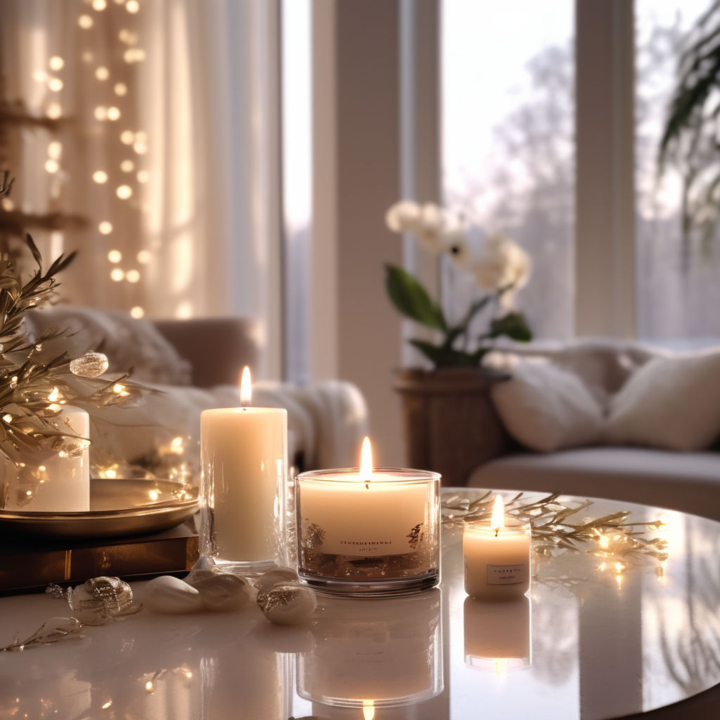 Cozy winter background with burning candles, decorative details