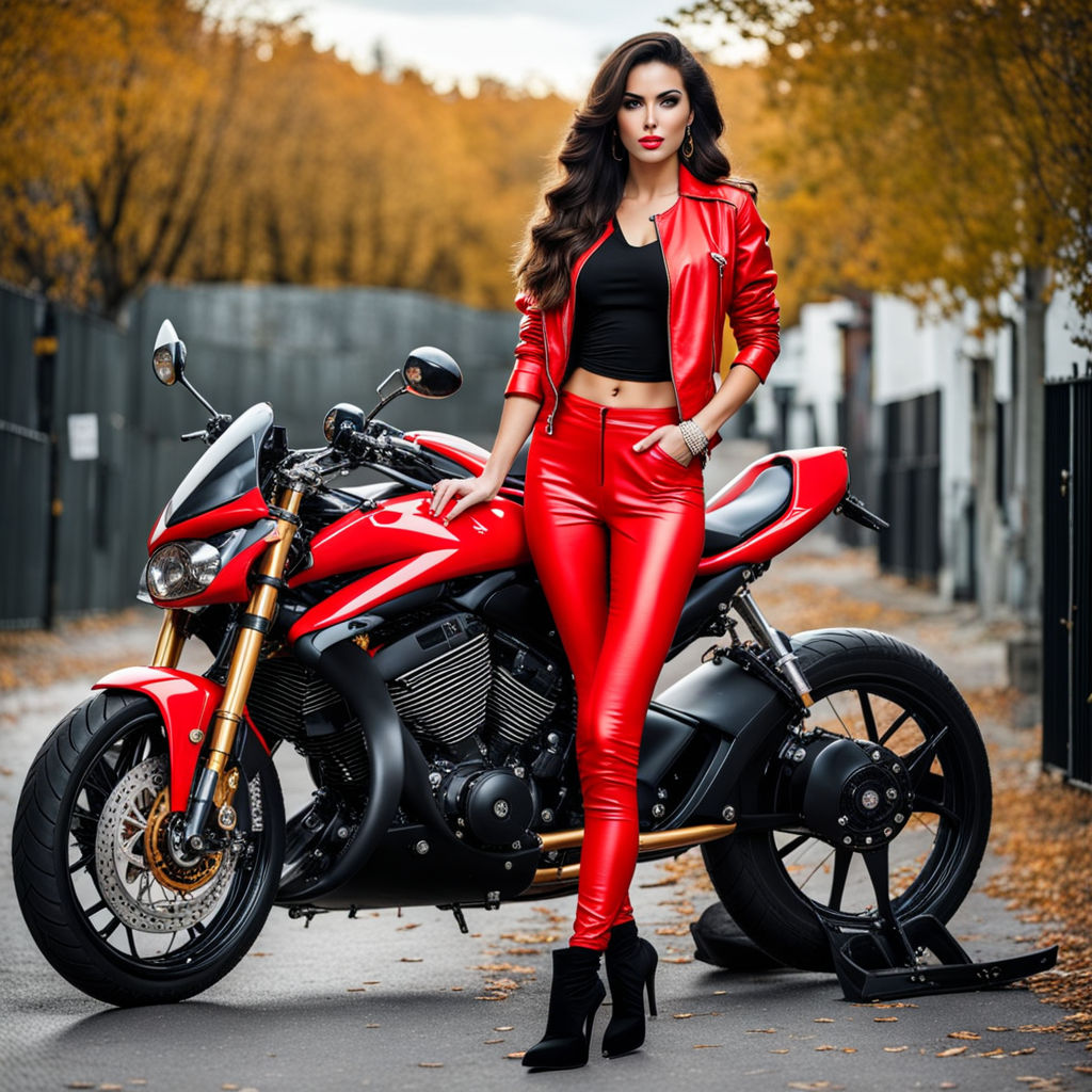 beautiful and sexy girl in leather outfit on a sportsbike