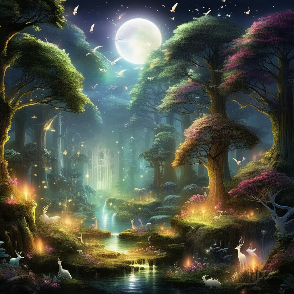 A shimmering, moonlit forest glade where the courageous fairy